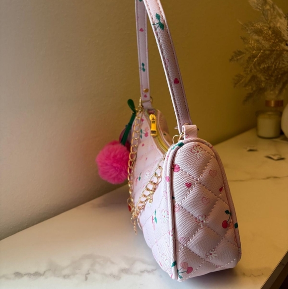 Y2K Pink Quilted Baguette Bag Cherry Print with Pom Pom Charm- NWT Under One Sky - Picture 4 of 11